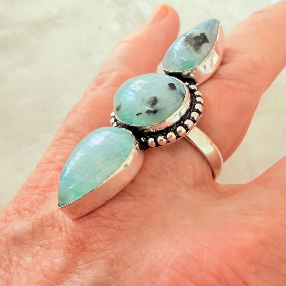 Rainbow Moonstone 3 Stone Statement Ring 925 Silver Overlay - Picture 6 of 8